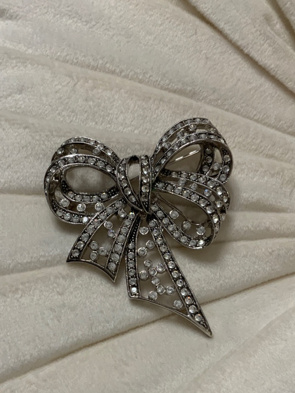 Joan Rivers Silver Bow Crystal Brooch